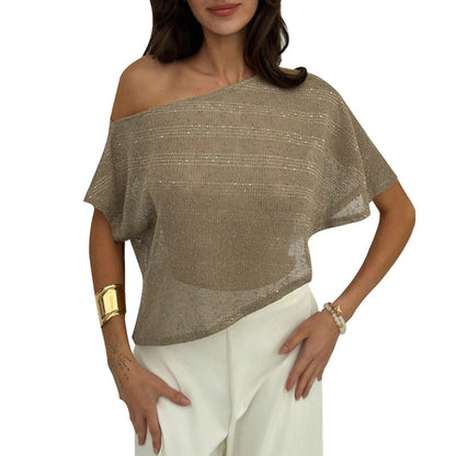 T-shirt ample femme – Épaule asymétrique, sequins, pull semi-transparent
