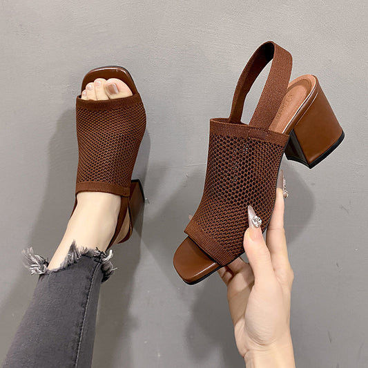 Sandales femme à talons épais tissés – Style européen et américain, effet volants
