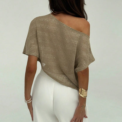 T-shirt ample femme – Épaule asymétrique, sequins, pull semi-transparent