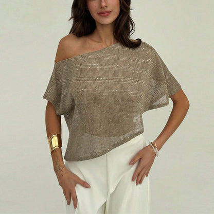 T-shirt ample femme – Épaule asymétrique, sequins, pull semi-transparent