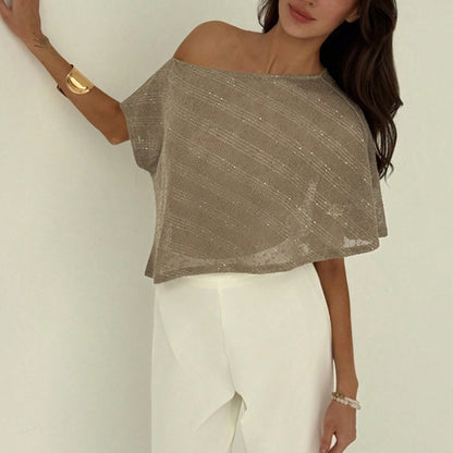 T-shirt ample femme – Épaule asymétrique, sequins, pull semi-transparent