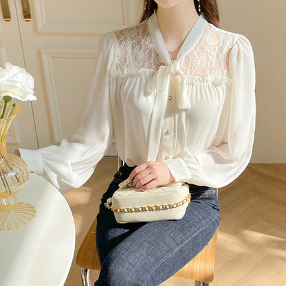 Chemisier femme en mousseline à manches longues – Élégant avec nœud gracieux