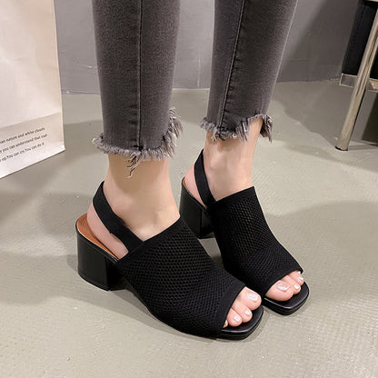 Sandales femme à talons épais tissés – Style européen et américain, effet volants