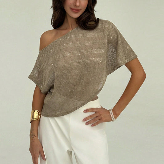 T-shirt ample femme – Épaule asymétrique, sequins, pull semi-transparent