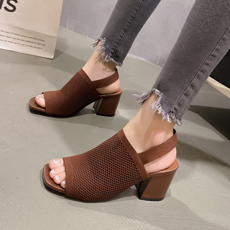 Sandales femme à talons épais tissés – Style européen et américain, effet volants